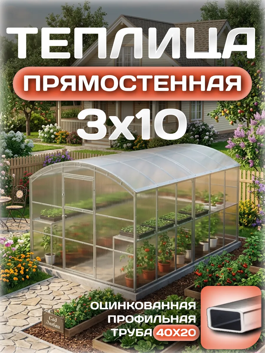 Теплица прямостенная 3х10 м, каркас 40х20, шаг дуг 0.65 м усиленная с поликарбонатом 4 мм 0,60 кг/м²